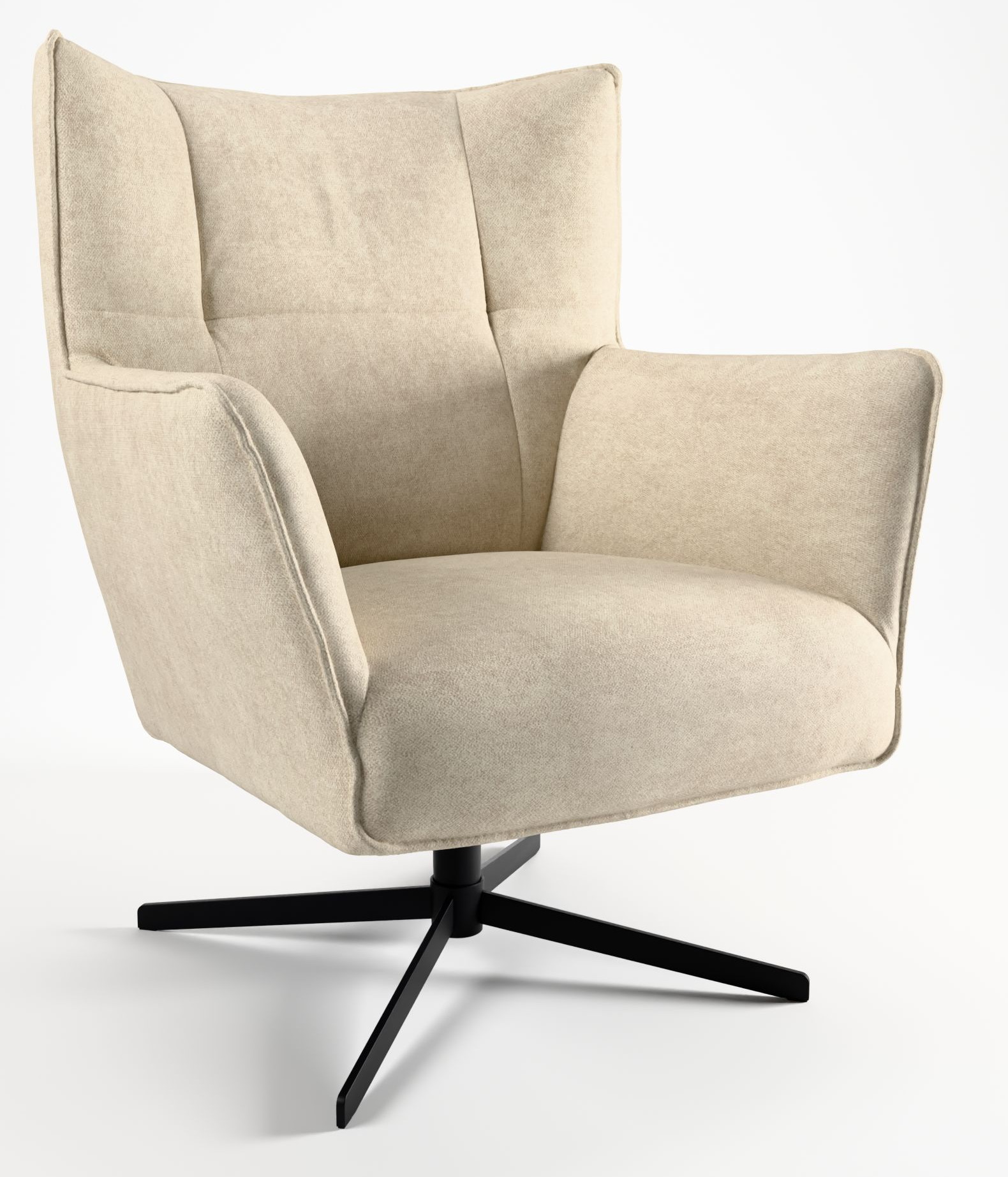 Wingcheek on a black swivel base, beige fabric